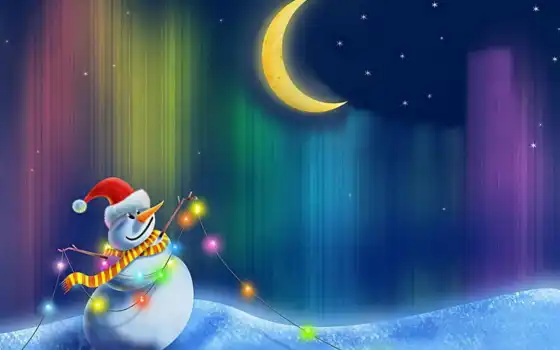 снеговик, счастливый, свободный, рождество, луна,