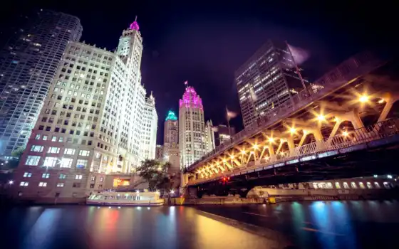 chicago, город, ночь, мост, usa, house