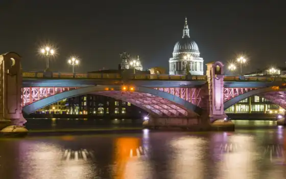 london, cathedral, мост, огни, река, paul, thames, ночь