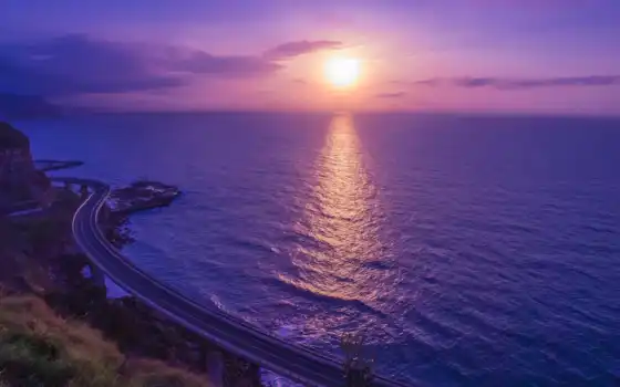 закат, море, фиолетовый