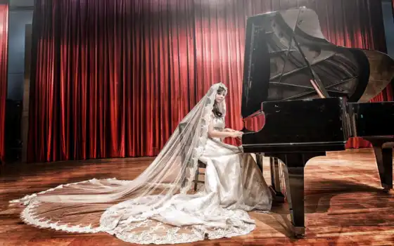 музыка, белый, платье, фортепиано, азиатки, невеста, анал