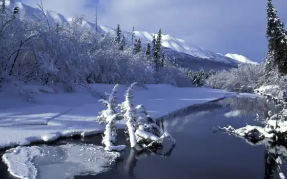 зима, алиска, страна чудес, природа, река