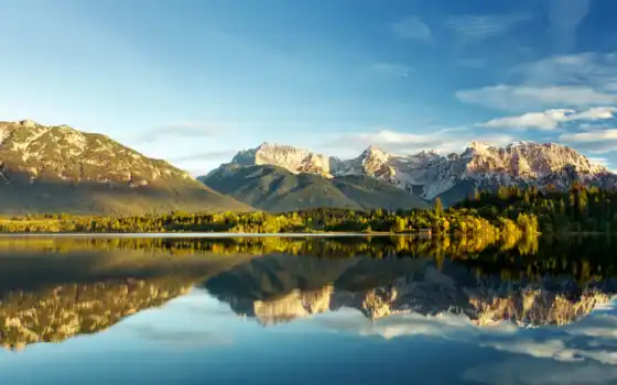 озеро, горы, отражение, деревя, природа, 