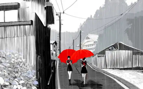 аниме, девушка, обои, девушки, под, зонтики, улица