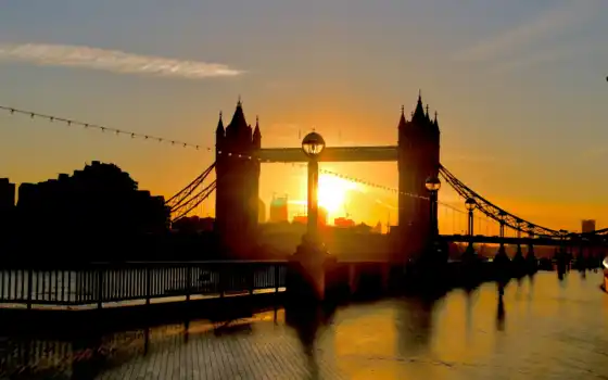 мост, башня, london, река, thames, англия, illustration, взгляд, силуэт, совершенн, восход