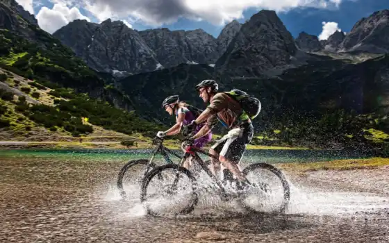 велоспорт, муж, студент, турник, женщина, природа, гора, велосипед, дорожный, горный