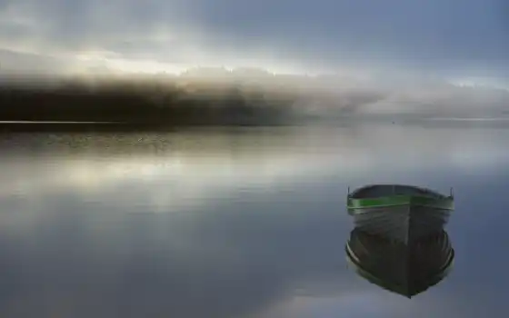 лодка, озеро, туман, утро