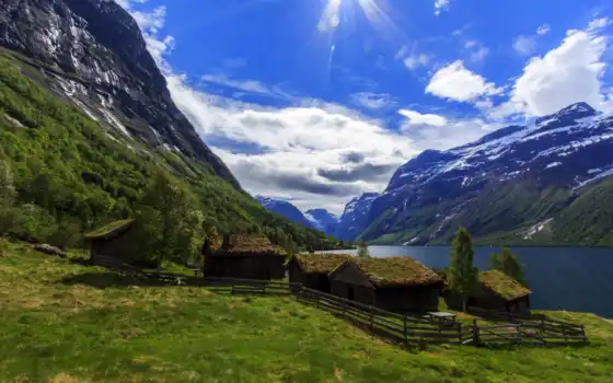озеро, горное дерево, фьорд, дом, норвежское