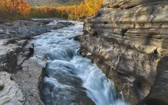 река, Швеция, национальный, парк, редкость, галерея, осень, природа, скала, красавиха, природный
