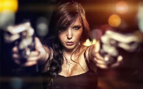 devushki, девушка, оружием, пистолетами, милитари, двумя, фотографий, 