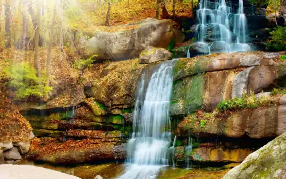 cachoeira, natureza, que, parque, por, cascata, outono, árvores, parede, cenário,