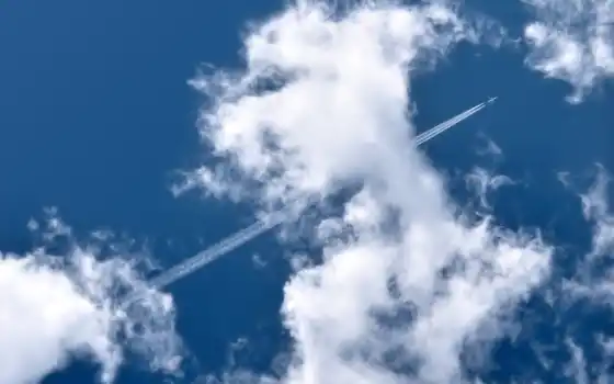 самолёт, облака, след, 