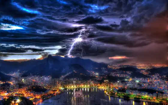rio, janeiro, ночную, бразиль, город, молния, буря, бразильянки, кри,