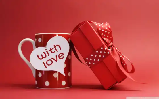 любовь, подарок, кружка, лента, красный, надпись