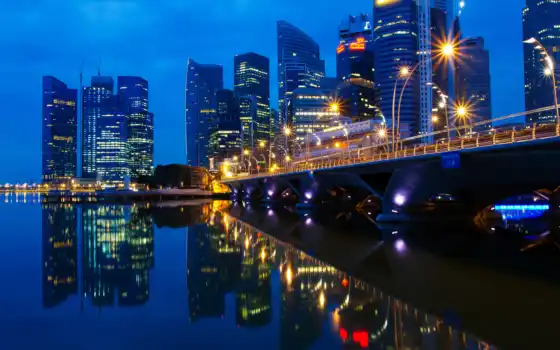 singapore, огни, город, отражение, вечер, малазия, мост, 