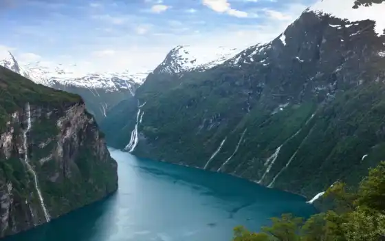 норвежская, фьорд, гейранджер, горы, норвежская, река, пейзаж, гейрангерфьорд,