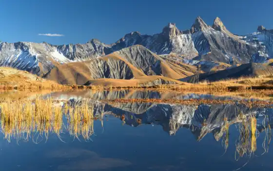 альпы, гора, песочница, октябрь, закат, озеро, франция, отражение