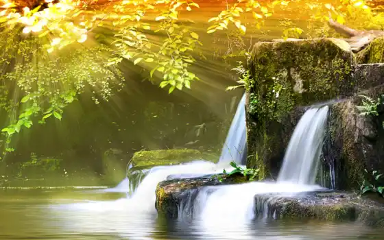 изображение, ласки, пейзаж, река, весна, поток, водопады, фэн, шуй,