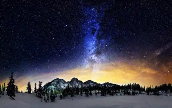 звезды, пространство, внешние, горы, снег,