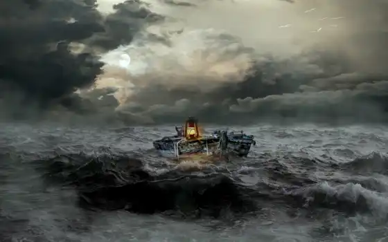 буря, море, сильно, лодка, шторм