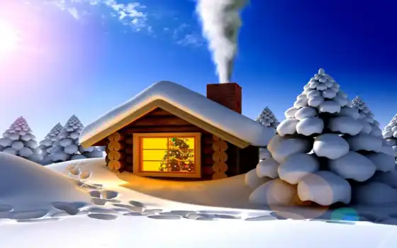 русские, зима, праздничные дни, иллюстрации, маленькие, деревянные, дом, fore