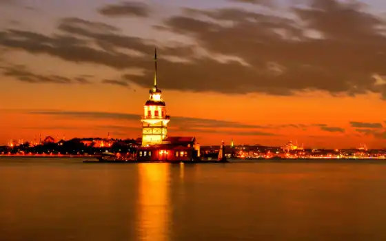 istanbul, город, канал, mosque, огни, ночь, turkey, море, 