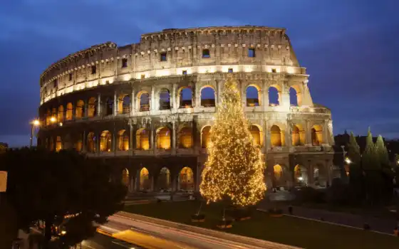 new, год, италии, взгляд, елка, coliseum, свет, hdr, рим, italy, 