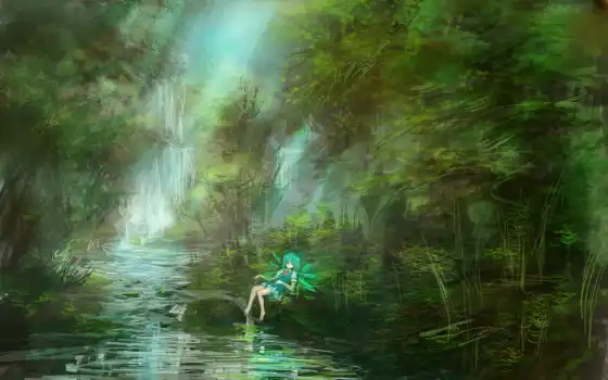 touhou, аниме, cirno, forest, девушка, water, wings, stream, sitting, eyes, lying, barefoot, scenic, green, dress, similar, short, hair, highres, крылья, waterfall, 