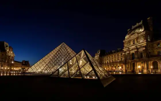 париж, france, город, лувр, музей, пирамида, 