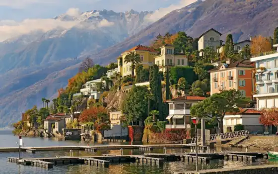 аскона, швейцария, горы, ascona, здания, деревя, город, 