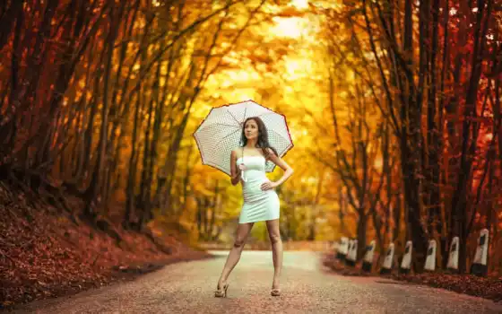 девушка, осень, платье, зонтик, дорога, боке, зонтом, белым, 