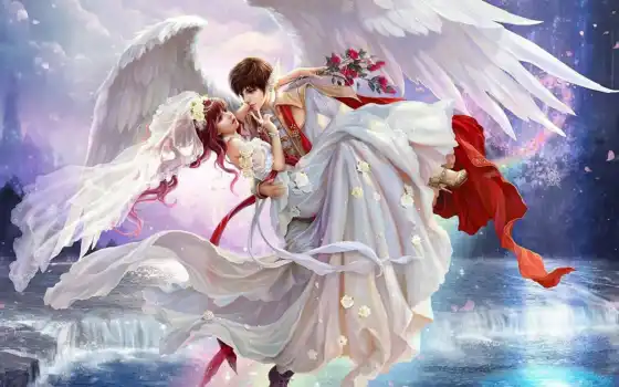 ангела, арта, парень, крыло, цветы, девушка