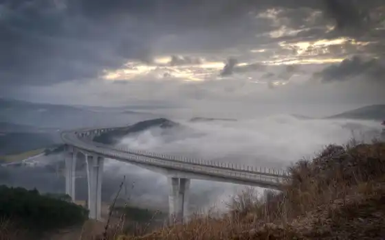 , туман, мост, небо