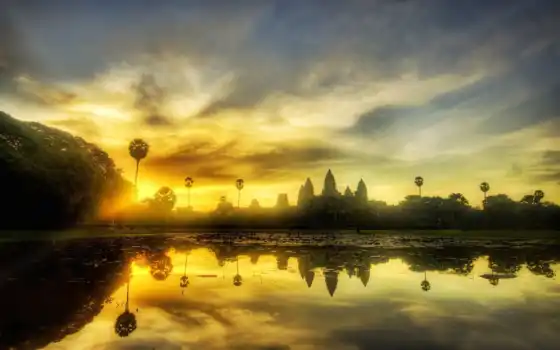 ангкор, ват, храм, разрешение, день, камбоджа, вода, разруха, архитектура, солнце
