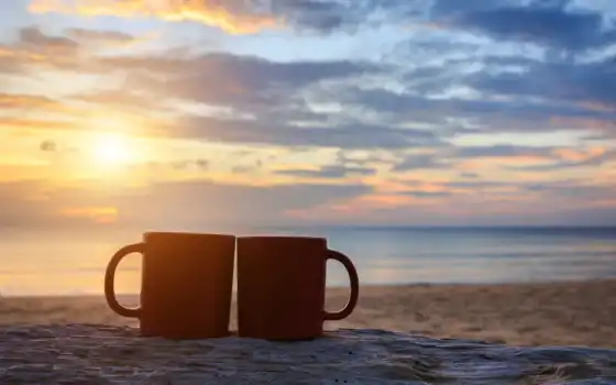 кофе, закат, море, чашка, лежать, ничего, обляко, холодно, солнце