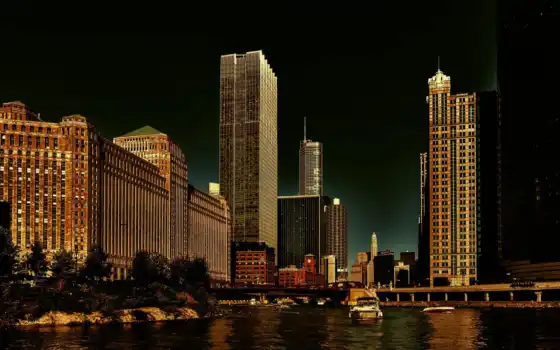 illinois, chicago, usa, chicago, skyscrapers, evening, lights, river