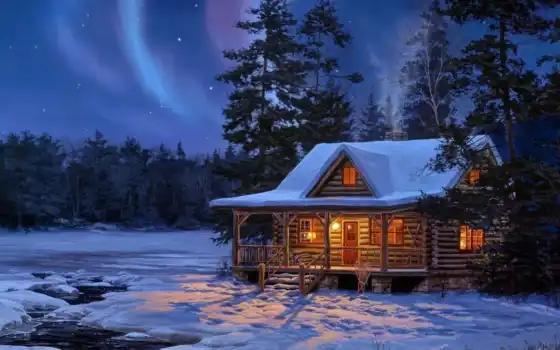 зима, лес, дом, ложи