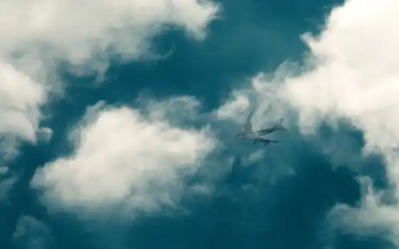 самолет, небо, шлейф, облака, авиация, 