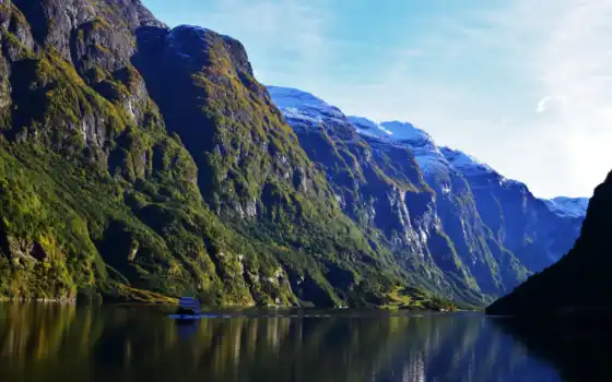 река, катер, природа, норвегия, небо, пейзаж, 