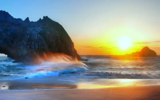 природа, красивые, пляж, море, природы, небо, закат, пейзажи -, качества, скалы, высокого, 
