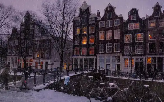 снег, winter, город, мост, house, amsterdam, building, компьютер, нидерланды