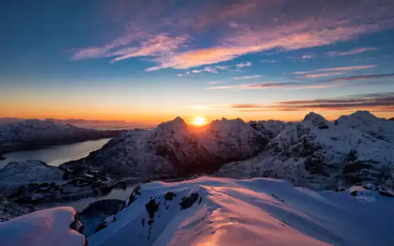 горный, норвежский, восходящий, фьорд, остров, задворк, солнце