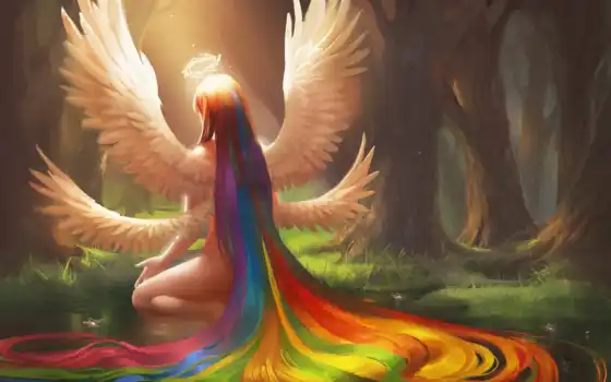 радуга, ангел, девушка, арт, волосы, крылья, нимб,