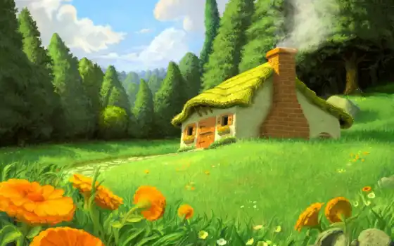 дом, зеленый, настольный, пейзажи, фантазии, бесплатно, трава, изображение,
