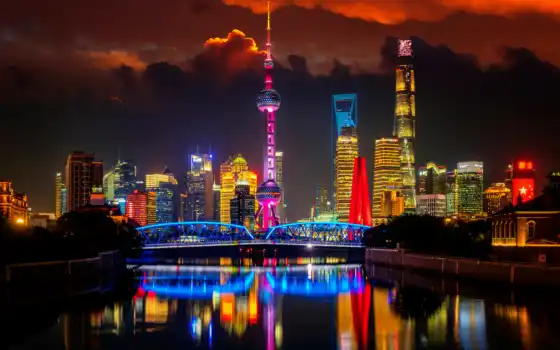 shanghai, город, китаянка, огонь, ночное