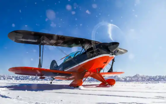 plane, biplane, winter, снег, new, полет, пропеллер, авиация
