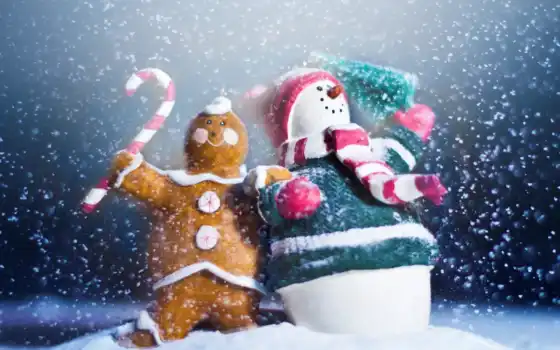 игрушки, макро, снег, год, новый, сувениры, праздник, снеговик, пряник, 