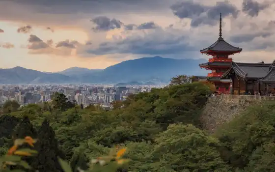 dera, храм, kyoto, япония, город, взгляд, гора, панорамный