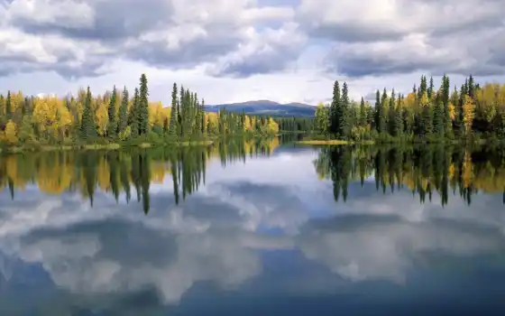 ретро, вода, горные растения, природа, нормальные деревья, лес, озеро, канада, облака, отражение,