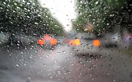 дождь, капли, glass, машины, макро, огни, 